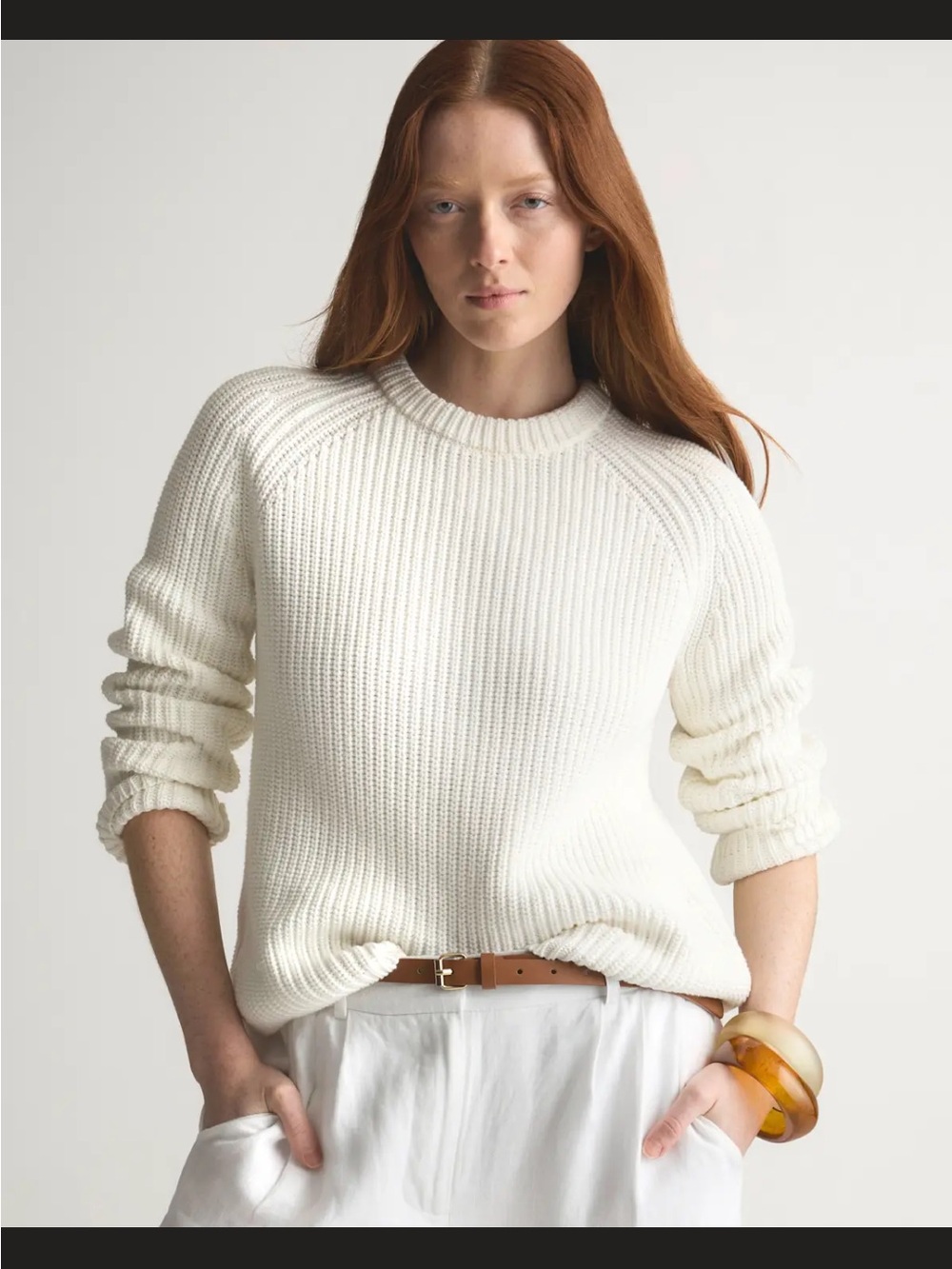 NEW Quince Ivory Ribbed Crewneck Fisherman Sweater - size xs